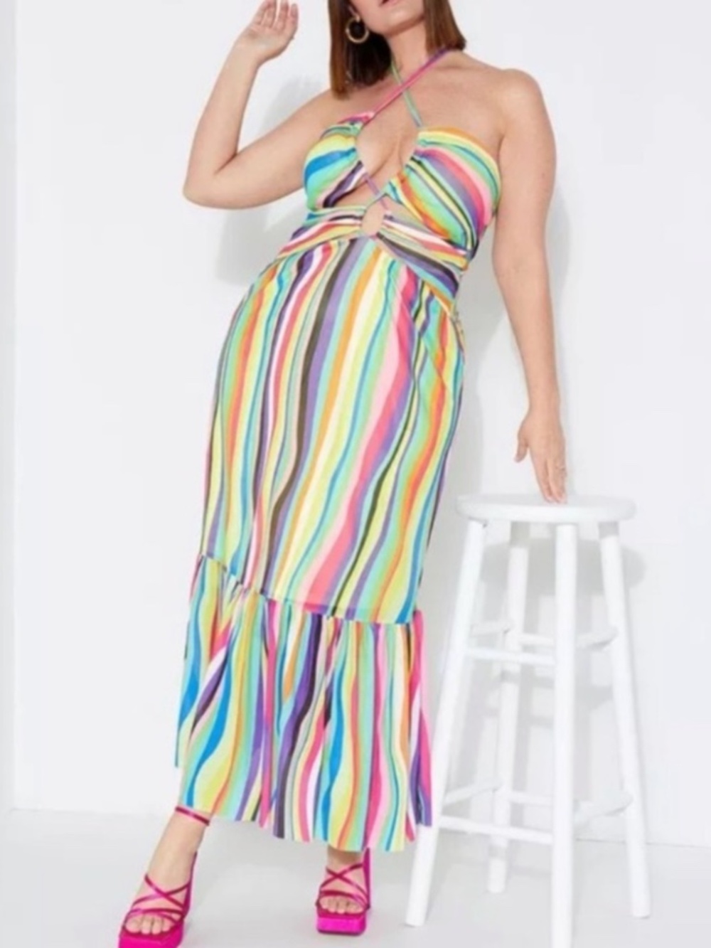 Eloquii Liquid Rainbow Striped Cutout Maxi Dress Plus Size 16
